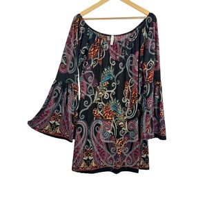 Cezanne Paisley Leopard tunic whimsigoth Bell Sleeve Off Shoulder sz L